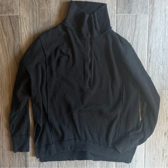 Free People We The Free Black Wash Quarter Zip Pullover XS Oversized Rib - Picture 4 of 7